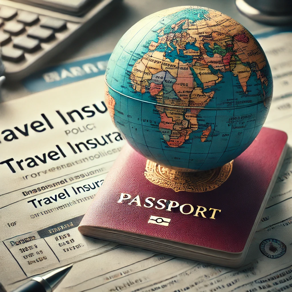 A globe, passport, and travel insurance policy document symbolizing securing travel insurance for international trips.