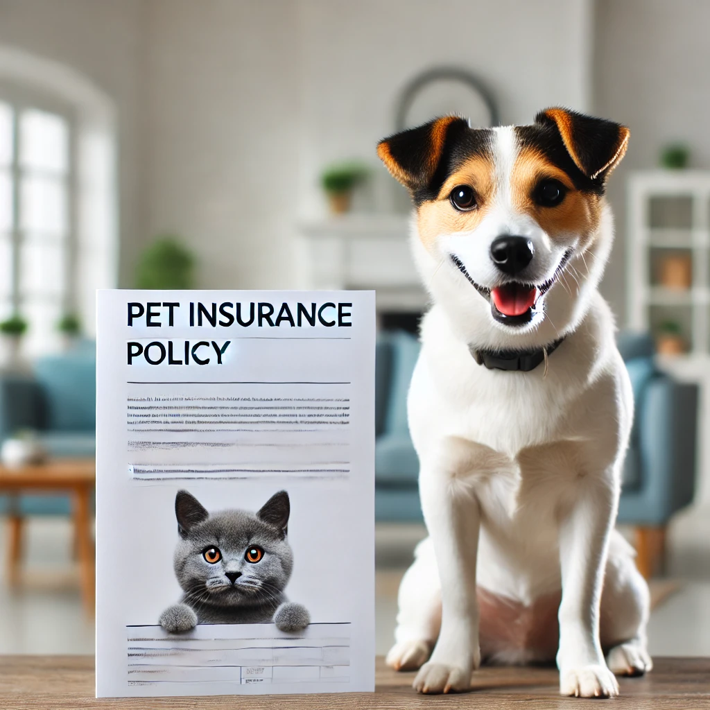 A happy pet with an insurance policy document, representing the best pet insurance options.