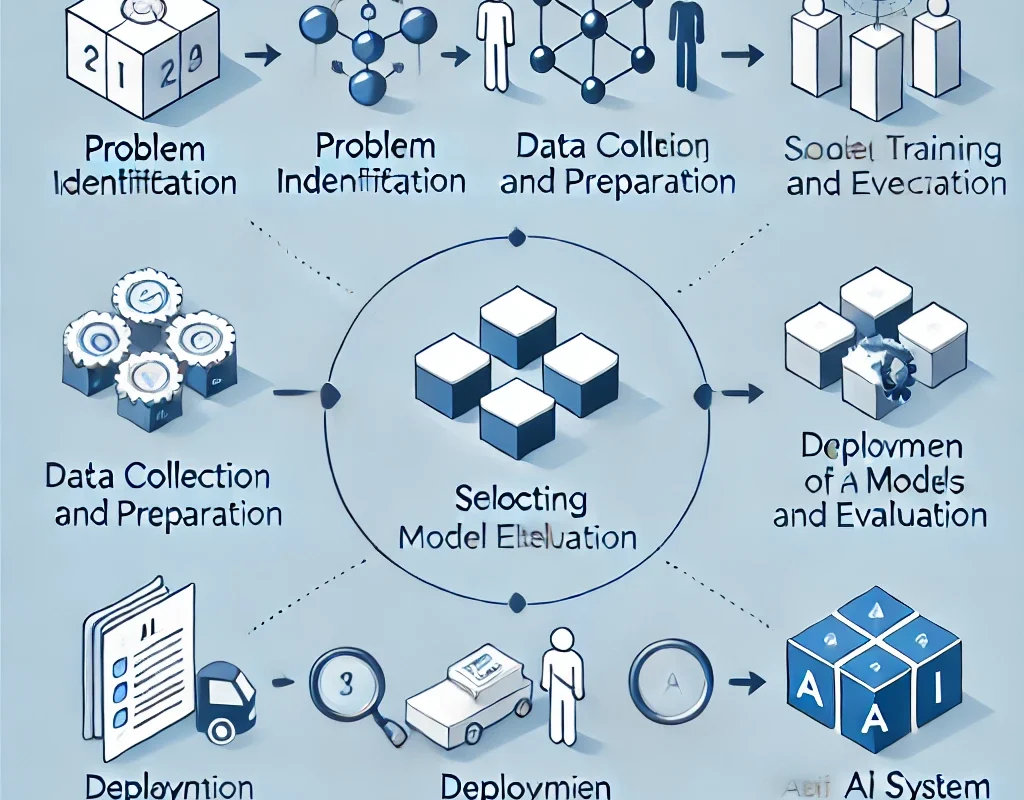 Diagram showcasing the steps involved in building AI-powered solutions from data preparation to deployment.