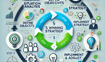 A visual representation of a 5-step framework for creating a winning business strategy, emphasizing growth and competitive advantage.