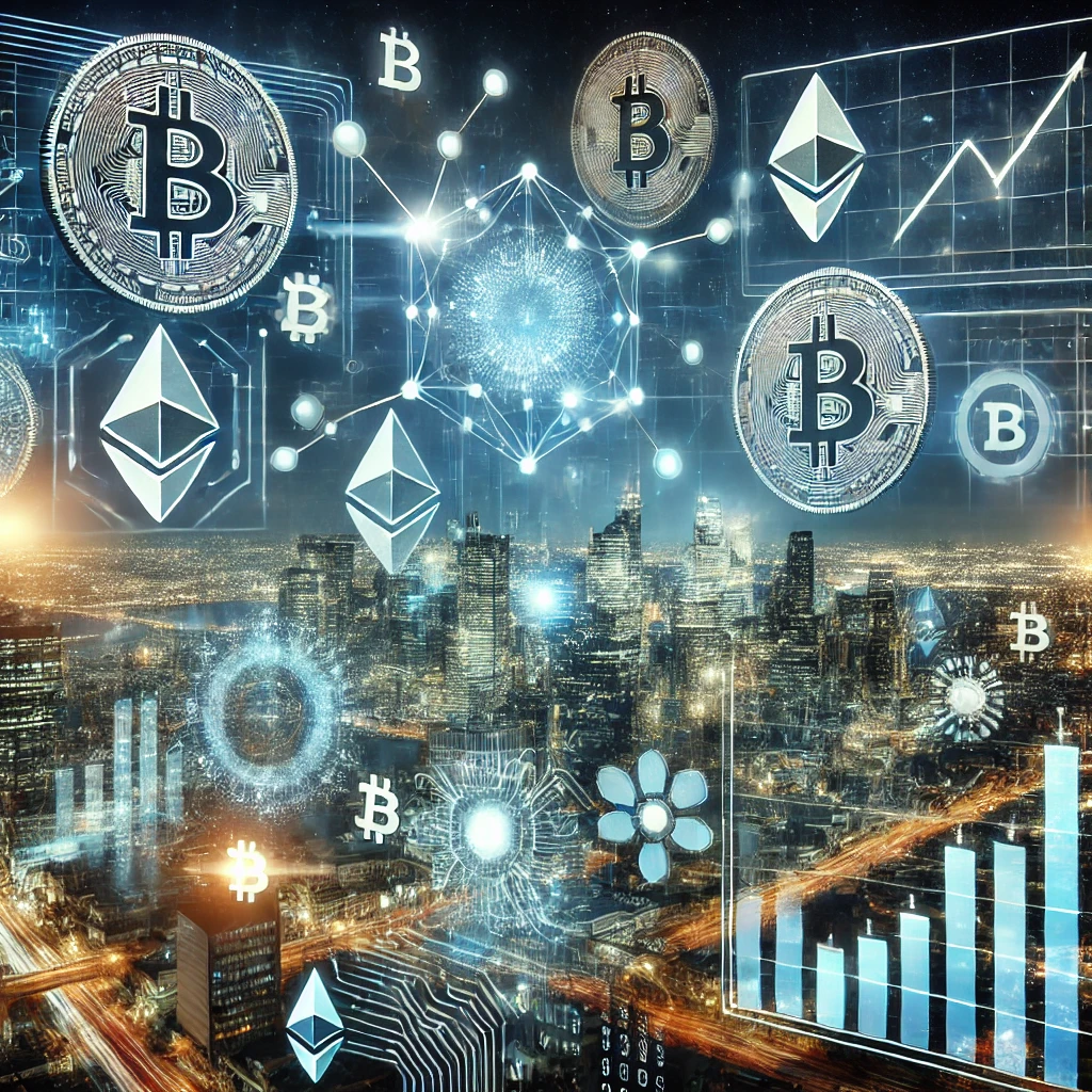 The future of fintech and cryptocurrency depicted with trends like blockchain, AI, and DeFi advancements