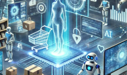 A representation of AI-driven e-commerce, showing machine learning algorithms enhancing online shopping experiences.