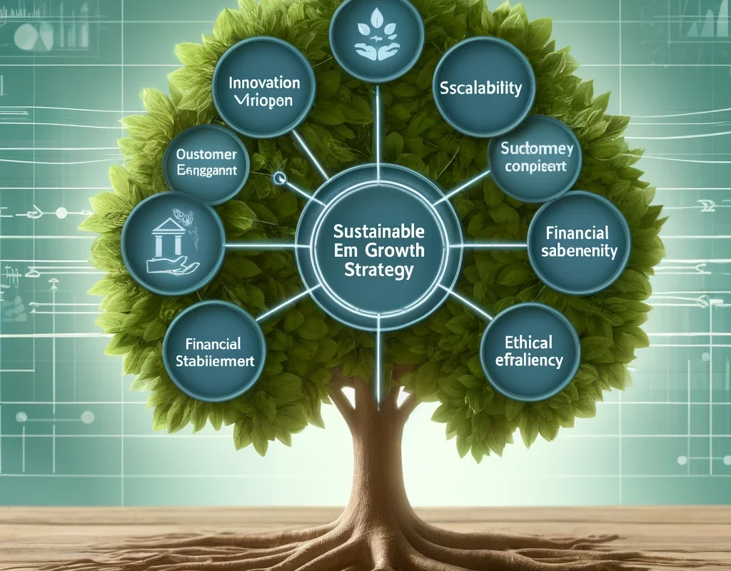 A visual representation of a sustainable business growth strategy with key components like innovation, scalability, and ethical practices