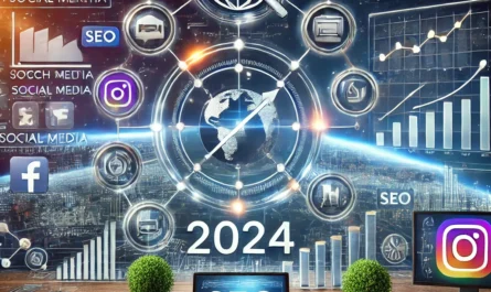 A visual representation of an effective digital marketing strategy for 2024, highlighting SEO, social media, and content creation