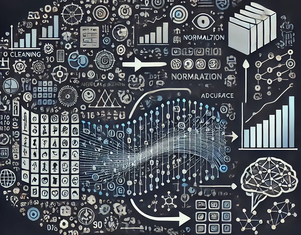 A visual representation of AI accuracy improvement through data preprocessing techniques, showcasing clean and structured data feeding into an AI model