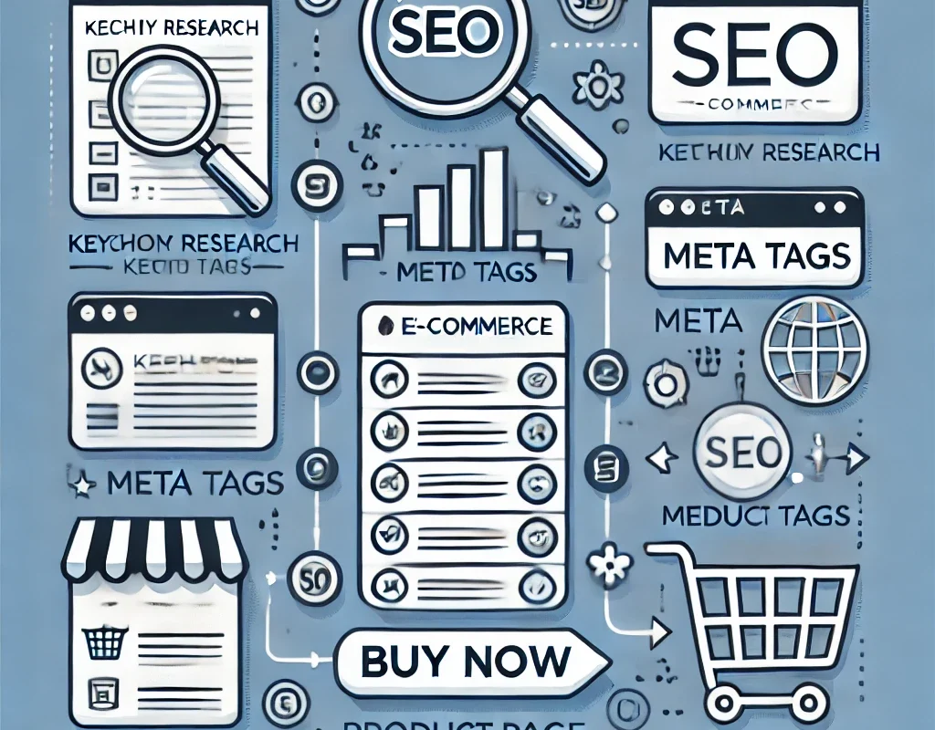 A visual guide illustrating steps to optimize an e-commerce site for SEO, including keywords, meta tags, and product pages