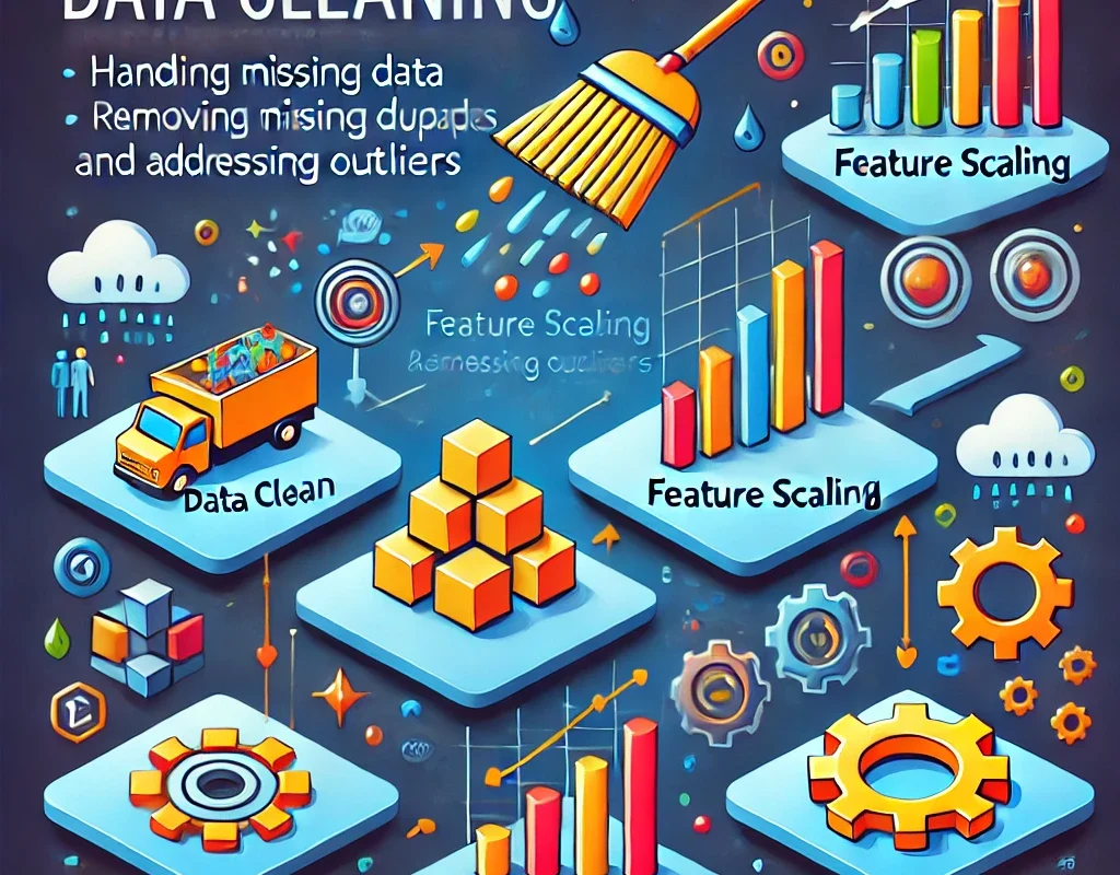 A step-by-step process showing data preprocessing techniques for machine learning, such as data cleaning, feature scaling, and transformation