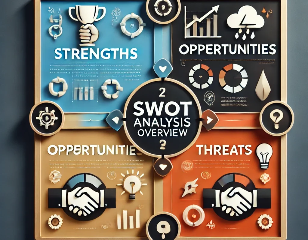 SWOT analysis overview for business strategy with strengths, weaknesses, opportunities, and threats quadrant