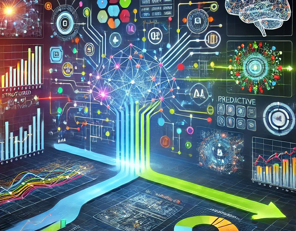 A graphical representation of how artificial intelligence works for predictive analytics, showcasing data patterns and insights